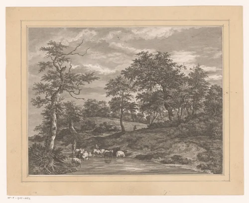 Boslandschap met herder bij een vijver by Louis Joseph Masquelier, print, 1774