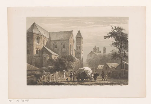 Runderen met wagen voor elfde-eeuwse kerk by Cornelis Springer, print, 1860