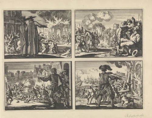 Vervolging van protestanten te Krakau met op de voorgrond twee Jezuïeten, 1606 / Vervolging van de hervormden in de Nederlanden, 1574 /  Straatgevechten in Genève ter verdediging tegen een aanval van Karel Emanuel, hertog van Savoye, 1602 / Inname van Den Briel, 1572 by Jan Luyken, print, 1698