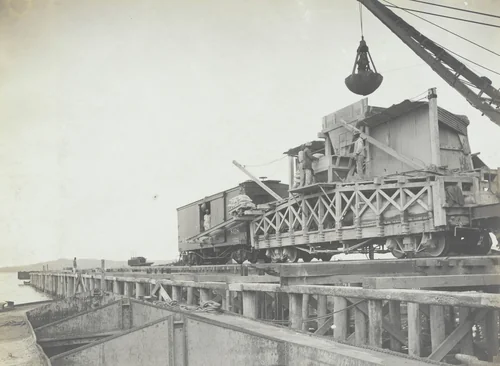 Panama R.R. New Docks. Rear view of concrete mixing plant for Caissons. Pier #7 by Unidentified Photographer, photograph, 1915