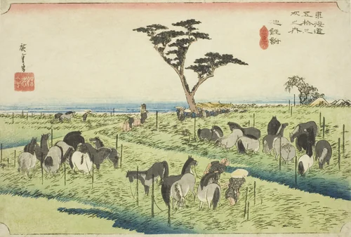 Chiryu: Early Summer Horse Market (Chiryu, shuka uma ichi), from the series "Fifty-three Stations of the Tokaido (Tokaido gojusan tsugi no uchi)," also known as the Hoeido Tokaido by Utagawa Hiroshige (歌川広重), print, 1828-1839