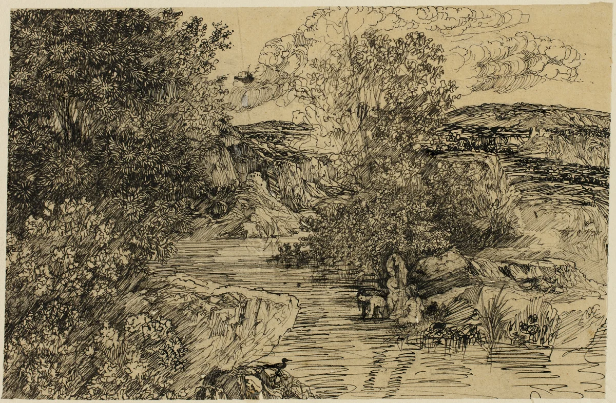 Bathers in a Brook by Rodolphe Bresdin, drawing, 1845-1885