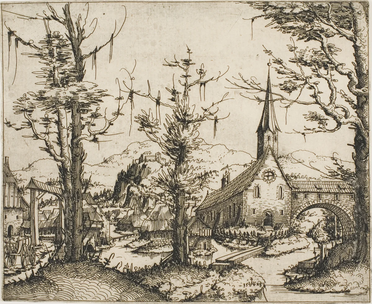 Landscape with a Church and Covered Bridge by Augustin Hirschvogel, print, 1545