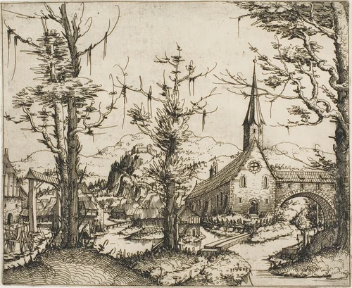 Landscape with a Church and Covered Bridge by Augustin Hirschvogel, print, 1545