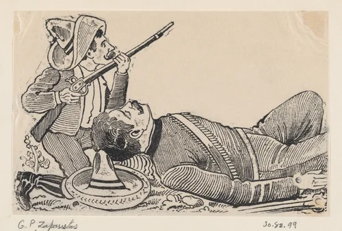 A revolutionary holding a rifle and kneeling to protect a fallen revolutionary by José Guadalupe Posada, print, 1875-1885