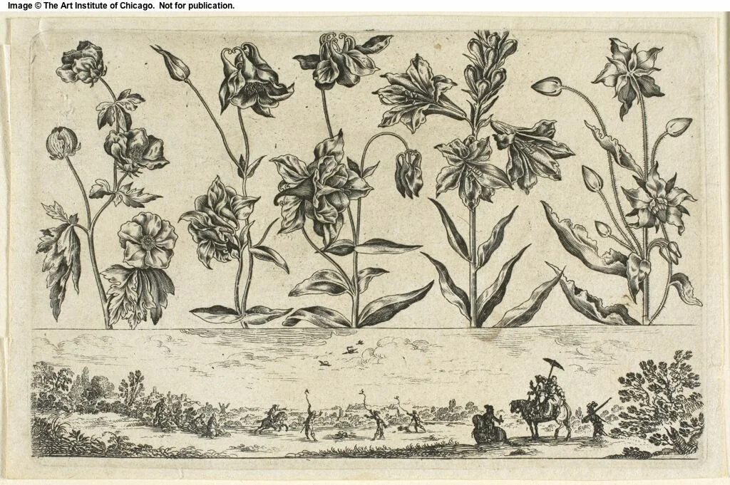 Flowers and Hunting Scene, from Livre Nouveau de Fleurs... by Nicolas Cochin, print, 1645
