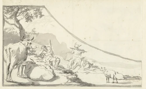 Het fluitspel van Mercurius doet Argus inslapen by Hendrick ten Oever, drawing, 1649-1716
