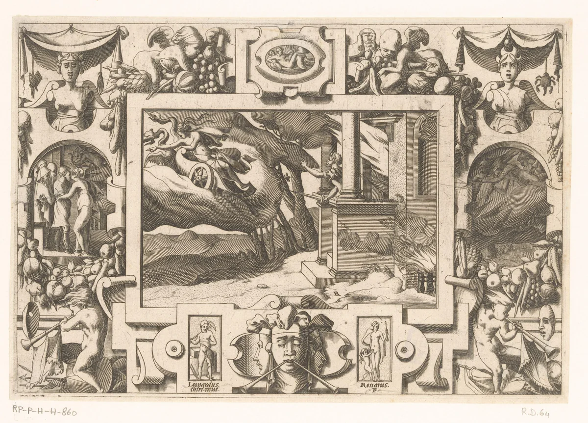 Medea vlucht in een wagen voortgetrokken door draken by Unknown, print, 1563