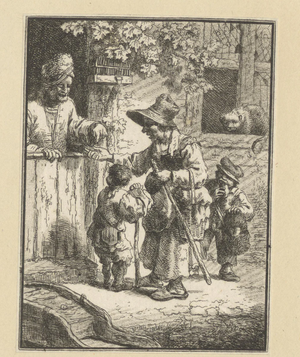Bedelaar met twee kinderen krijgt een aalmoes by Johann Christian Klengel, print, 1761-1824
