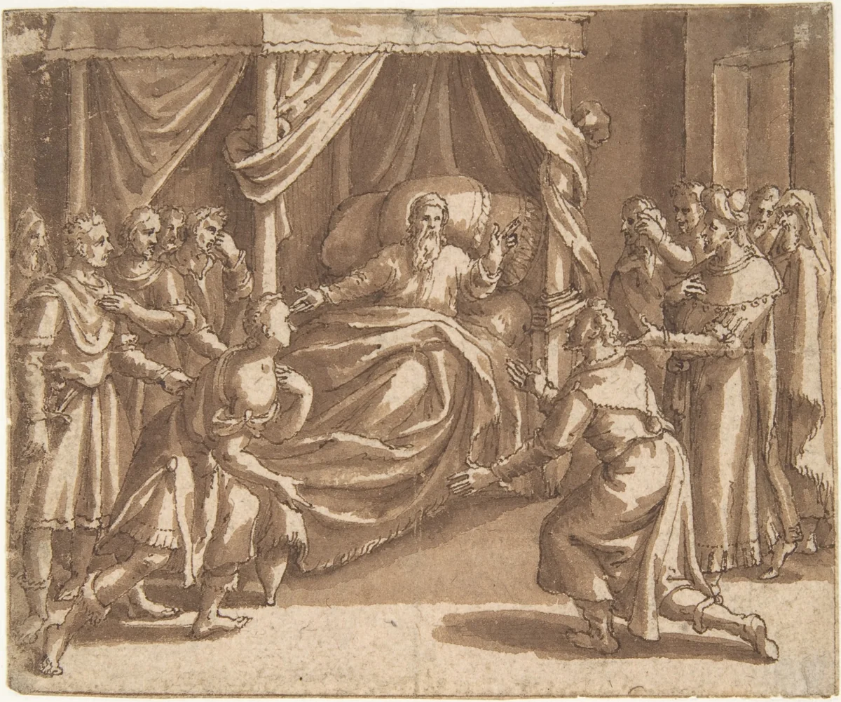 Jacob Blessing his Sons by Adam van Noort, drawing, 1575-1641