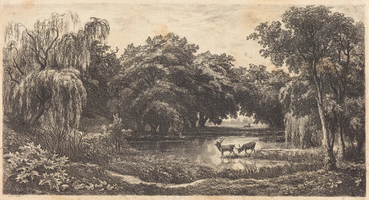 Pool with Deer (La Mare aux cerfs) by Charles-François Daubigny, print, 1845
