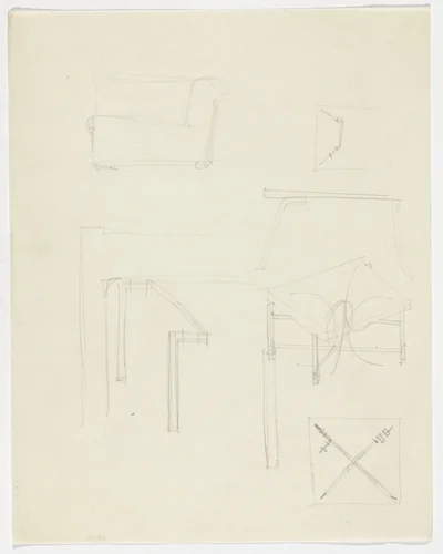 Lounge Chair. Table. (Elevation sketches, perspective sketch) by Ludwig Mies van der Rohe, mies van der rohe archive, 1926