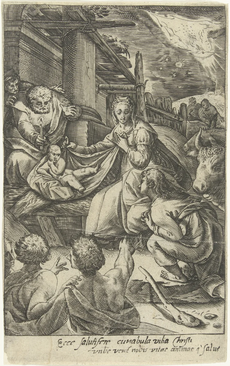 Aanbidding door de herders by Nicolaes Jansz. Clock, print, 1586-1602