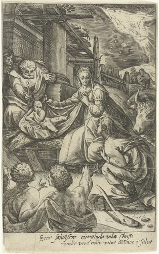 Aanbidding door de herders by Nicolaes Jansz. Clock, print, 1586-1602