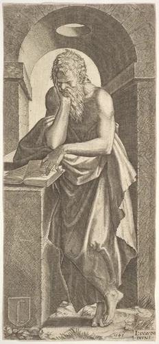 St. Simon standing before an open book with the fingers of his left hand pressed onto the pages, from "Christ and the Twelve Apostles" by Lambert Suavius, print, 1545