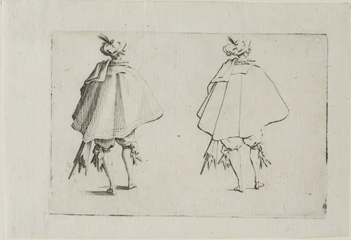 The Gentleman with a Large Coat, Seen from the Back, from The Caprices by Jacques Callot, print, 1617-1627
