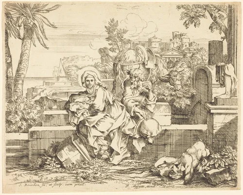 Rest on the Flight into Egypt by Sébastien Bourdon; Pierre Mariette II, print, 1645-1655