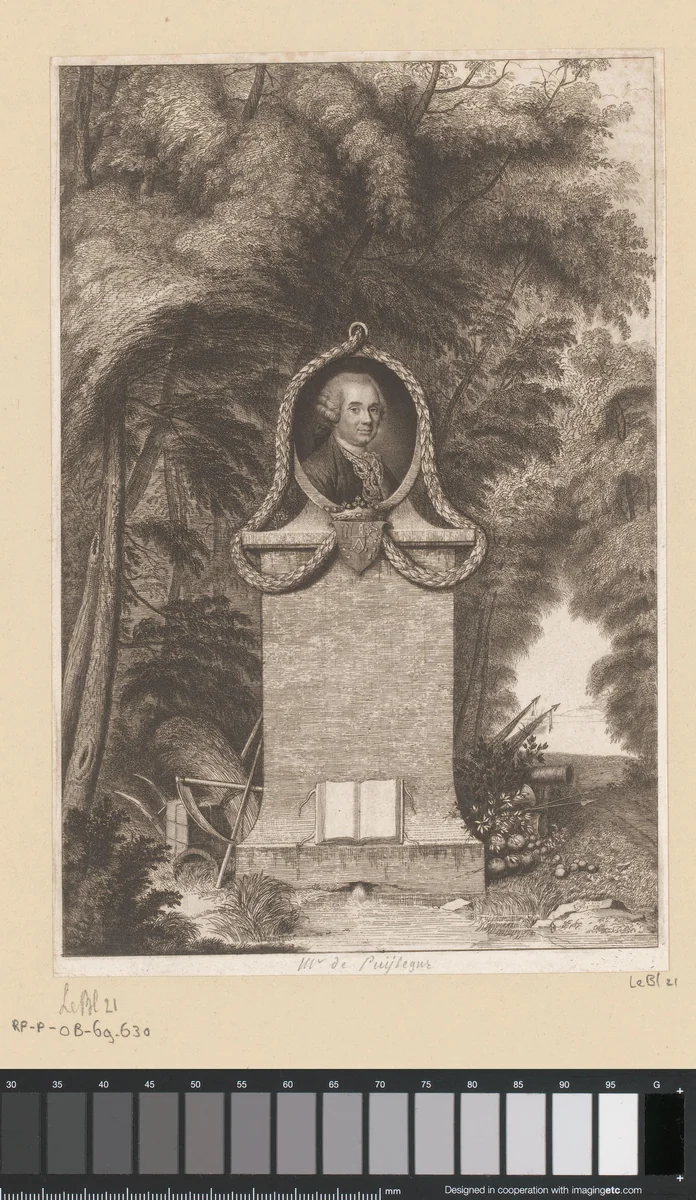 Landschap met het portret van François-Jacques de Chastenet Puységur in een medaillon by Antoine de Marcenay de Ghuy, print, 1734-1811