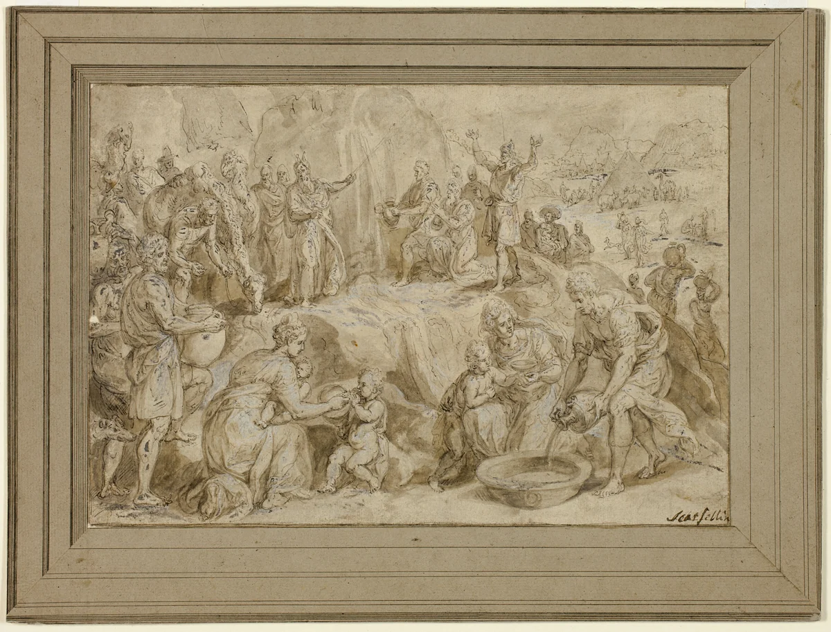 Moses Striking Water from the Rock by Crispin van den Broeck or Ippolito Scarsella, drawing, 1544-1590