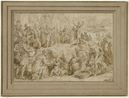 Moses Striking Water from the Rock by Crispin van den Broeck or Ippolito Scarsella, drawing, 1544-1590