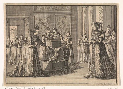 Praagse vrouwen bieden koningin Elisabeth een wieg en kleren aan voor haar te verwachten kind, 1619 by Caspar Luyken, print, 1698