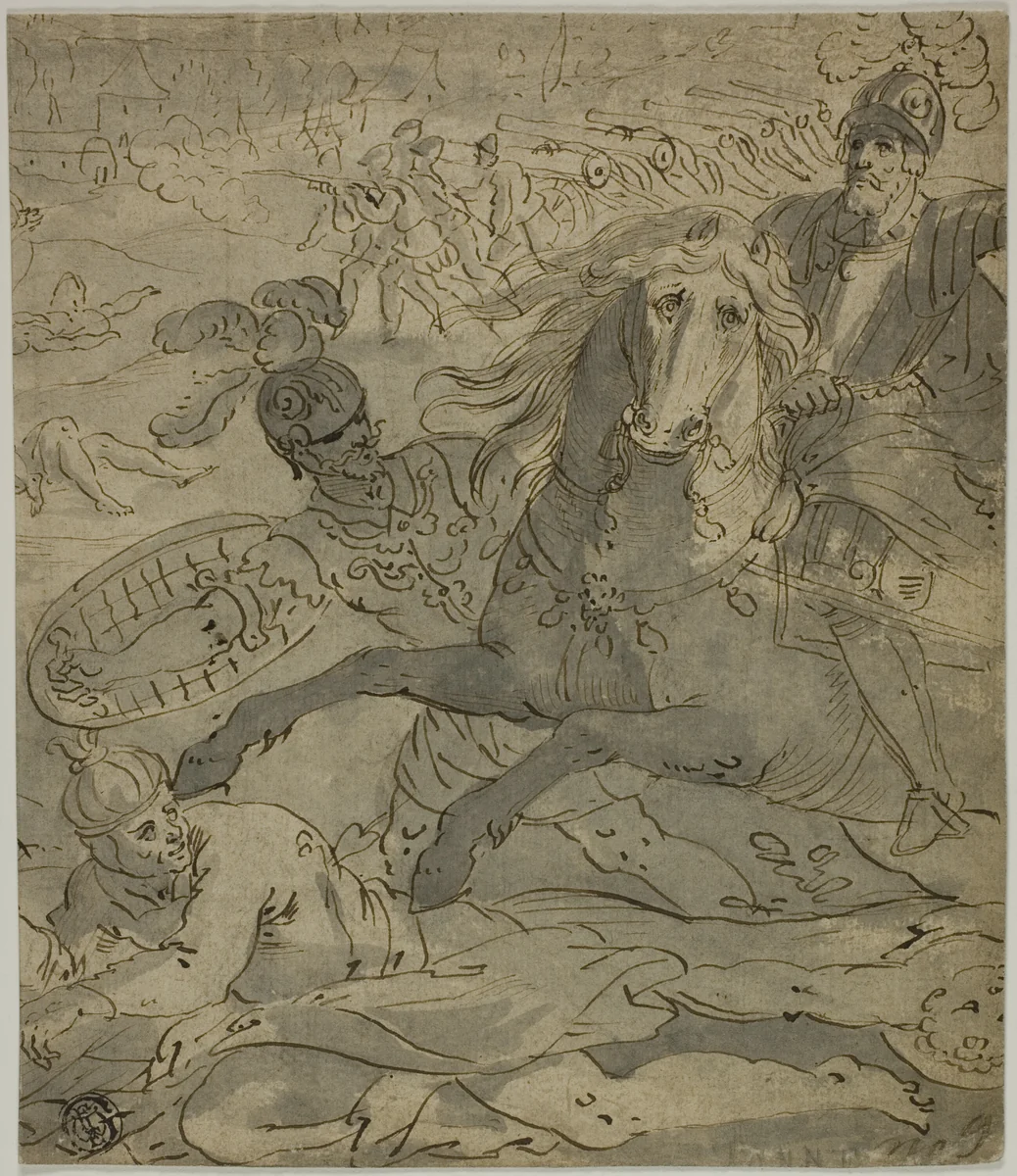 Battle Scene with Charging General on Horseback in Foreground, Artillery and Cannons in Background by Unknown Artist, drawing, 1550-1649