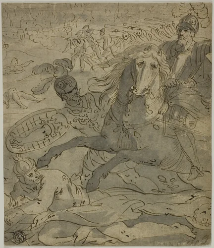Battle Scene with Charging General on Horseback in Foreground, Artillery and Cannons in Background by Unknown Artist, drawing, 1550-1649