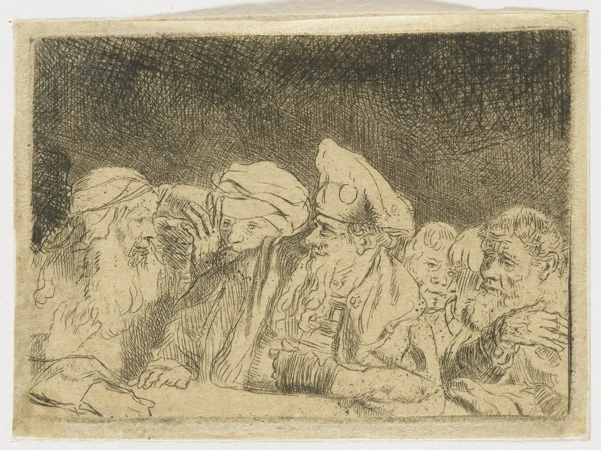 The Hundred Guilder Print: the figures leaning on the wall in the centre left by Rembrandt van Rijn, print, 1775-1800