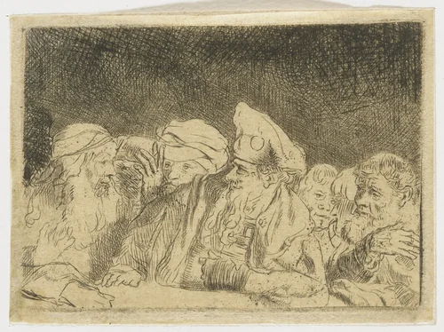 The Hundred Guilder Print: the figures leaning on the wall in the centre left by Rembrandt van Rijn, print, 1775-1800
