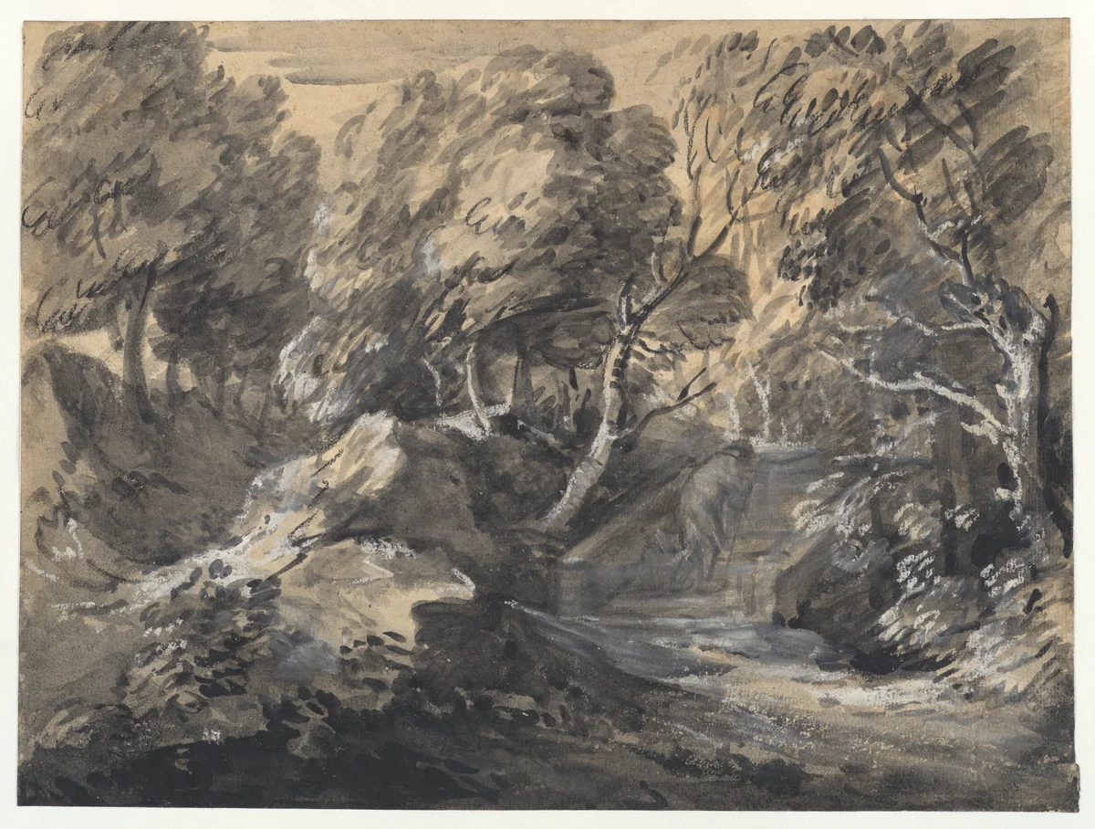 Wooded Landscape with a Man Crossing a Bridge by Thomas Gainsborough, drawing, 1780-1784