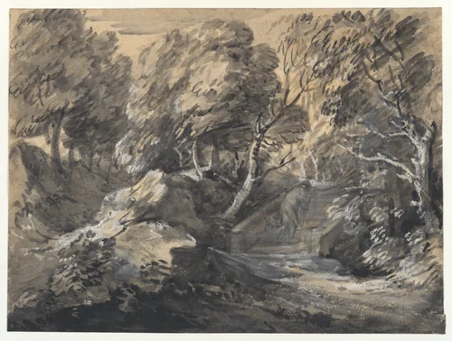 Wooded Landscape with a Man Crossing a Bridge by Thomas Gainsborough, drawing, 1780-1784