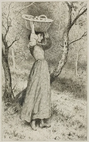 Young Girl in an Orchard with a Basket of Fruit by Miles Birket Foster, print, 1850