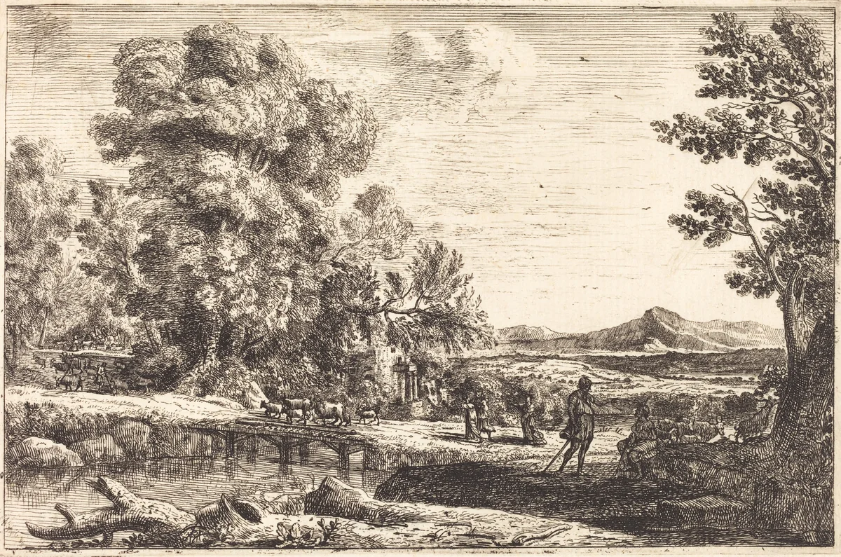 Rebecca and Eliezer (Le pont de bois) by Claude Lorrain, print, 1638-1641