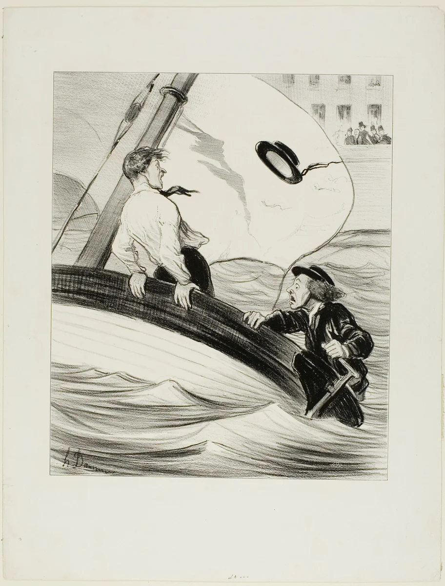 The Gust of Wind. “- Oh blast! I've lost my hat! - Don't worry.... since it is waterpoof.... you won't have a problem reclaiming it at Rouen!,” plate 17 from Les Canotiers Parisiens by Honoré-Victorin Daumier, print, 1843