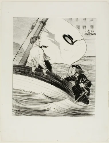 The Gust of Wind. “- Oh blast! I've lost my hat! - Don't worry.... since it is waterpoof.... you won't have a problem reclaiming it at Rouen!,” plate 17 from Les Canotiers Parisiens by Honoré-Victorin Daumier, print, 1843