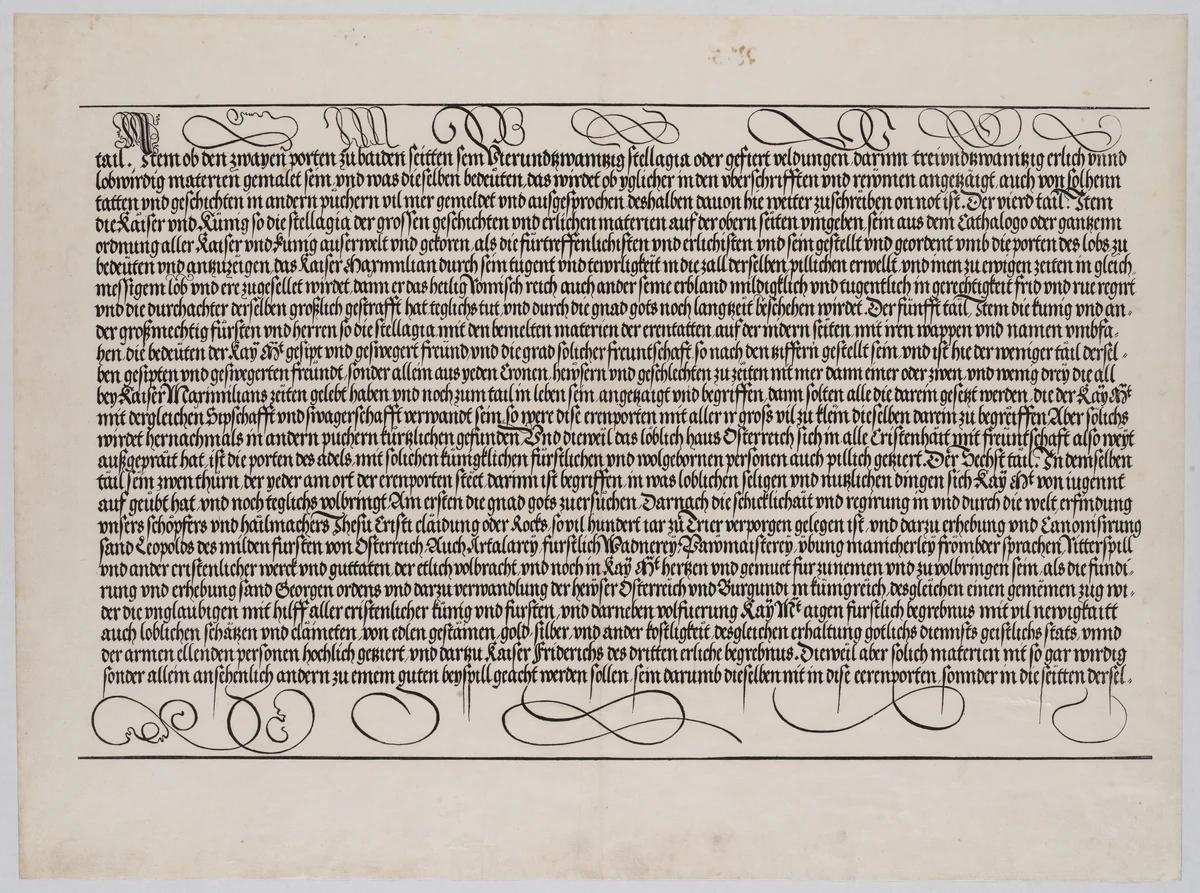 Explanatory Text, Part III,from the Arch of Honor, proof, dated 1515, printed 1517-18 by Hieronymus Andreae, print, 1515