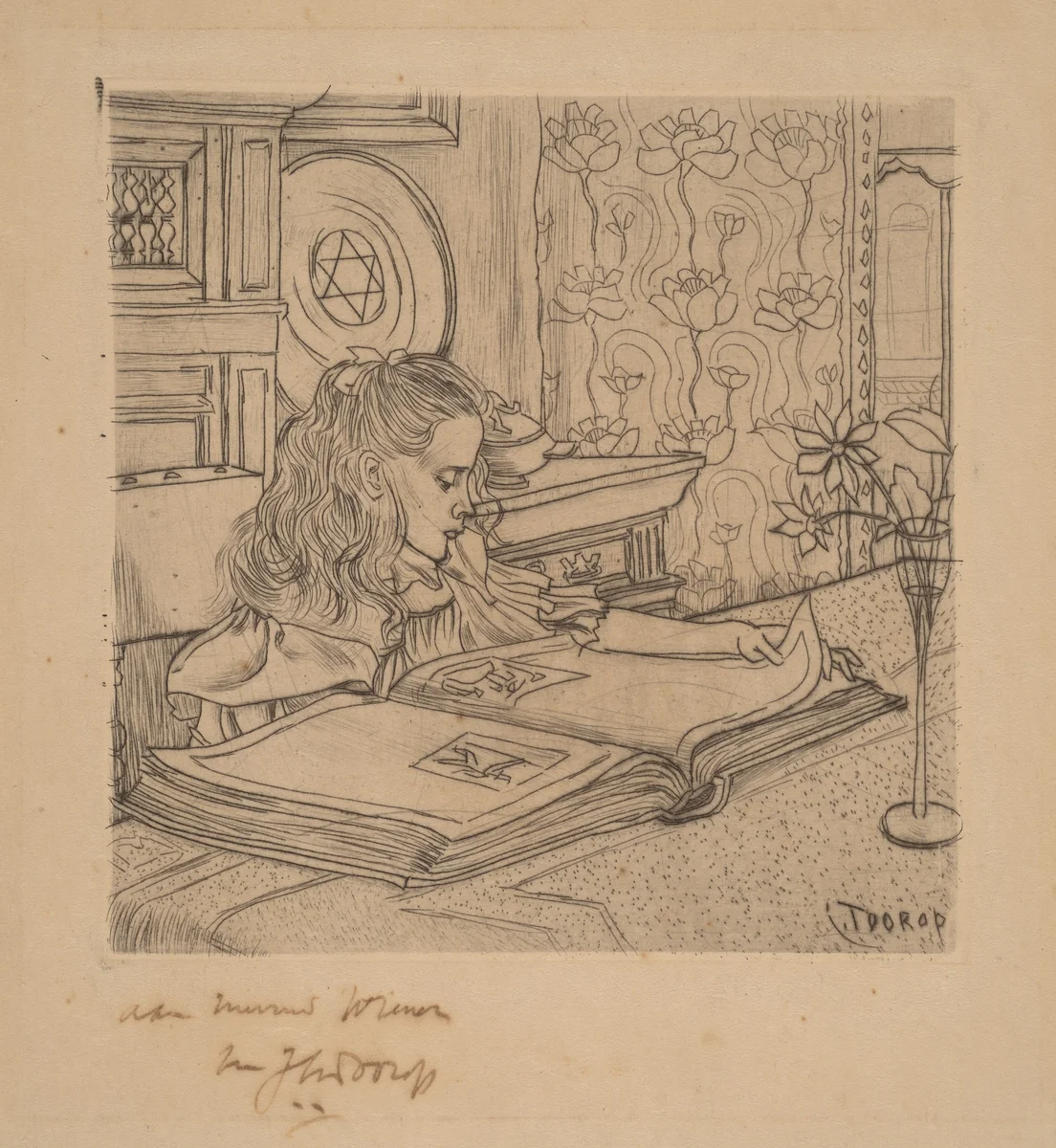Charley Looking at an Album of Prints by Jan Toorop, print, 1898
