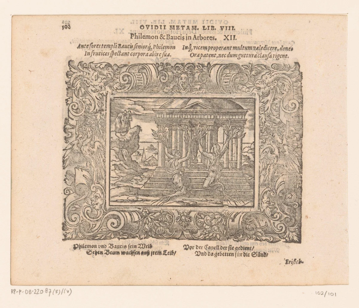 Philemon en Baucis in bomen veranderd by Virgilius Solis, print, 1569