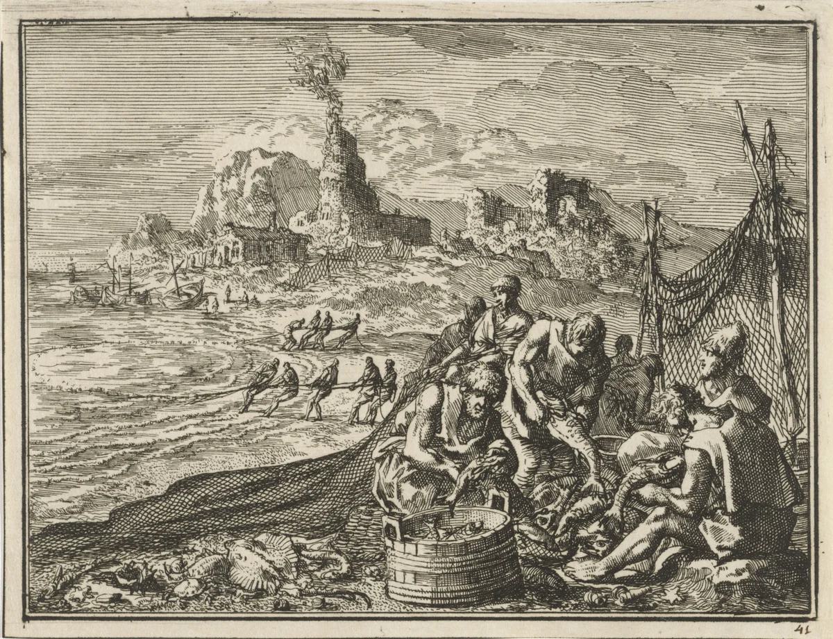 Vissers op het strand zoeken het goede en het kwade uit hun netten by Jan Luyken, print, 1712