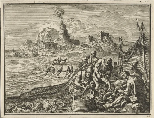 Vissers op het strand zoeken het goede en het kwade uit hun netten by Jan Luyken, print, 1712
