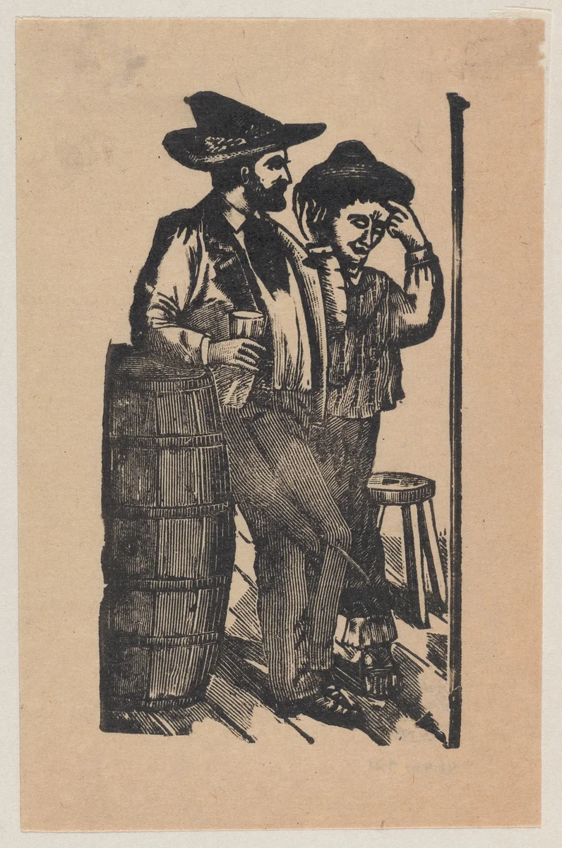 Two men leaning on a barrel and drinking by José Guadalupe Posada, print, 1890-1910