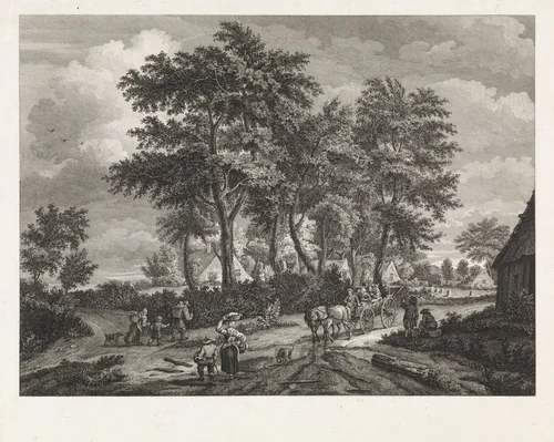 Landweg aan de rand van een dorp by Reinier Vinkeles, print, 1751-1816