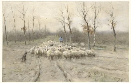 Schapenkudde op de heide bij Laren by Anton Mauve, drawing, 1848-1888