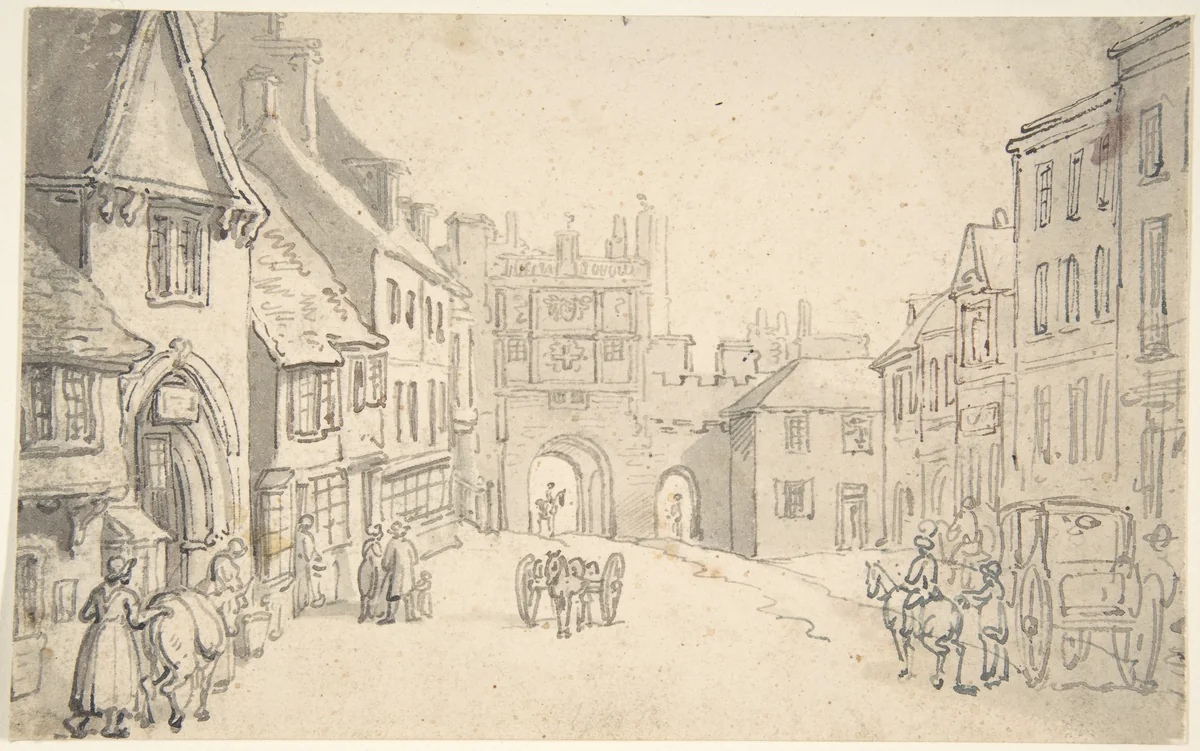 City View with Medieval Gate (perhaps York) by Thomas Rowlandson, drawing, 1775-1827