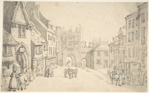 City View with Medieval Gate (perhaps York) by Thomas Rowlandson, drawing, 1775-1827