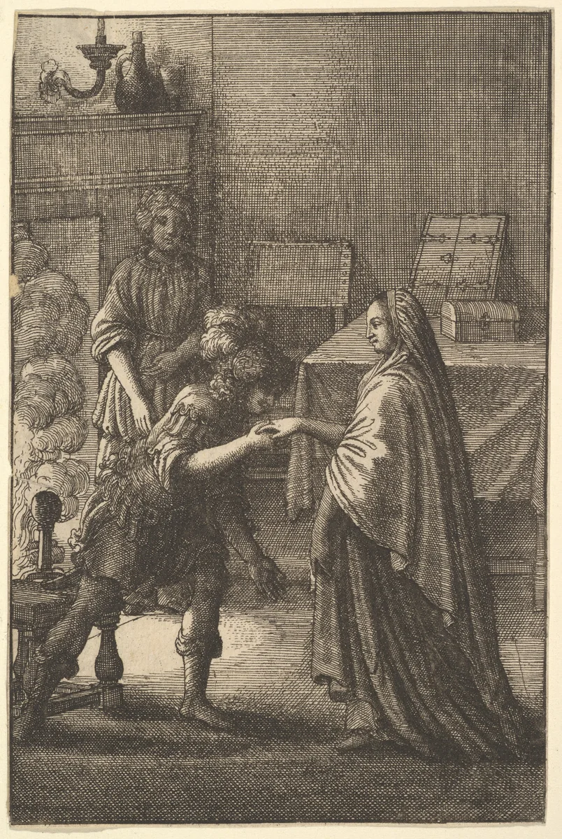The soldier kissing the woman's hand (from John Ogilby, "Aesopics or a Second Colllection of Fables," 1668) by Wenceslaus Hollar, print, 1666