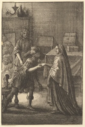 The soldier kissing the woman's hand (from John Ogilby, "Aesopics or a Second Colllection of Fables," 1668) by Wenceslaus Hollar, print, 1666