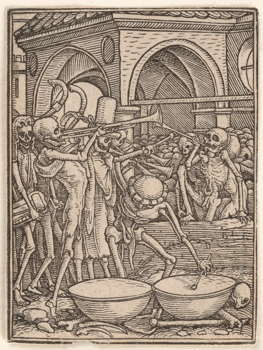 Skeletons Making Music (or the Cemetery), from "The Dance of Death" by Hans Holbein the Younger, print, 1521-1538