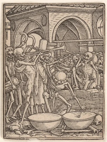 Skeletons Making Music (or the Cemetery), from "The Dance of Death" by Hans Holbein the Younger, print, 1521-1538