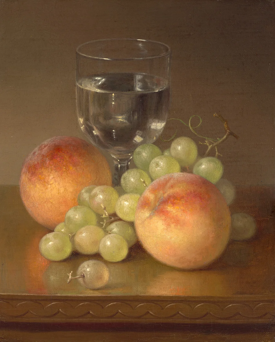 Still Life, Wineglass, Two Peaches by Robert Spear Dunning, painting, 1829-1905